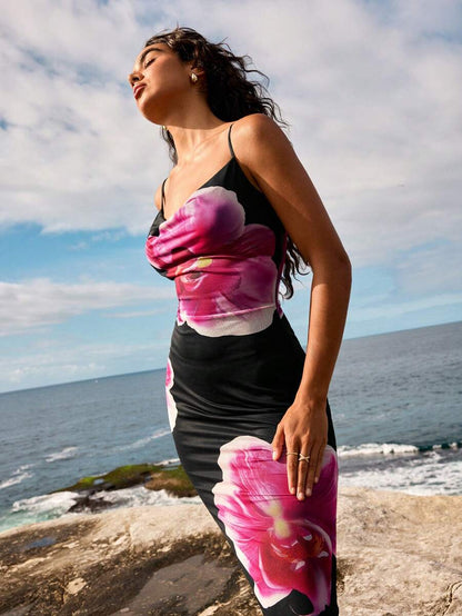 Aloruh – Robe maxi à décolleté plongeant et imprimé floral, coupe slim