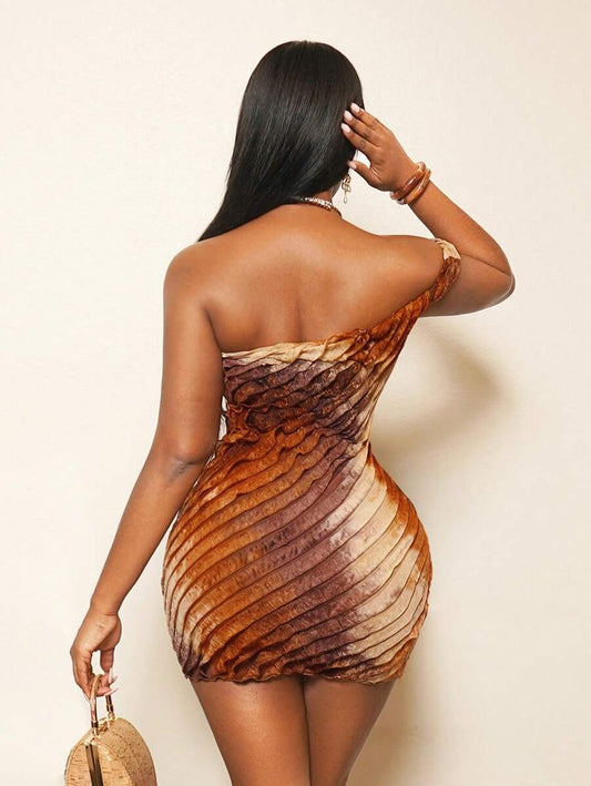 BamGleam – Robe mini à une épaule, nœud torsadé, imprimé tie-dye