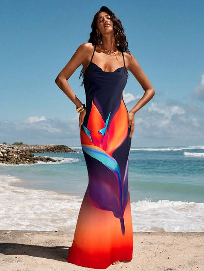 Opulessa – Robe nuisette à queue de poisson sans dos en tissu tressé imprimé