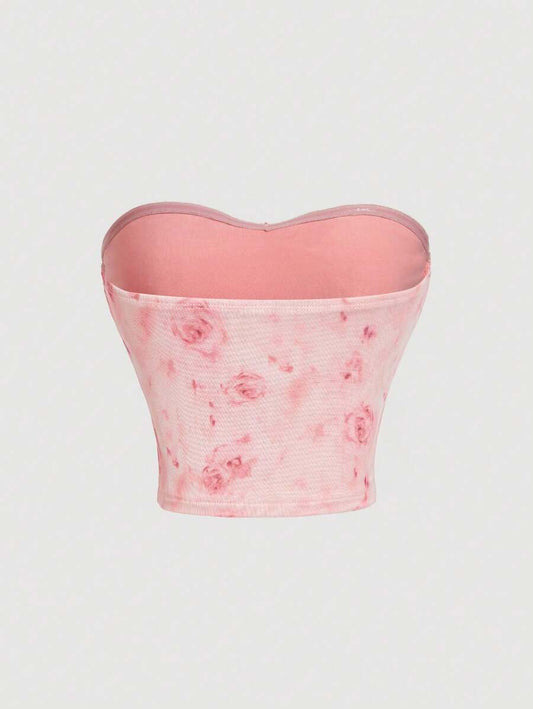 SHEIN MOD – Top bandeau à imprimé floral avec nœud à la taille