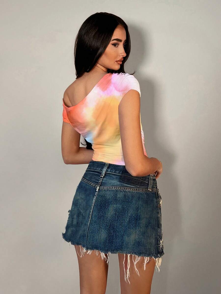 SHEIN BAE – Top asymétrique à épaules obliques et effet tie dye pour la plage
