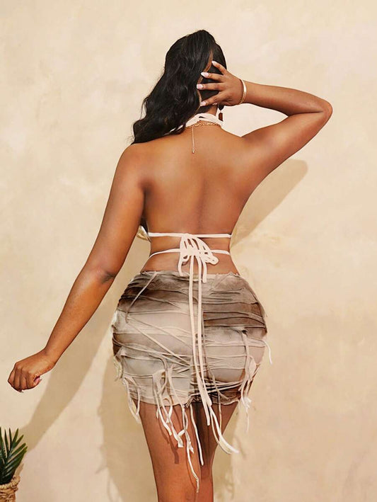 BamGleam – Robe moulante à dos nu avec lanières et franges