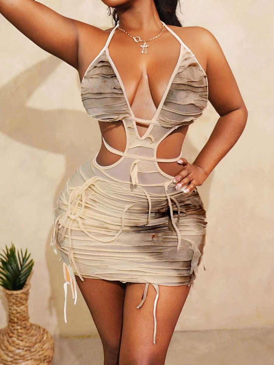 BamGleam – Robe moulante à dos nu avec lanières et franges