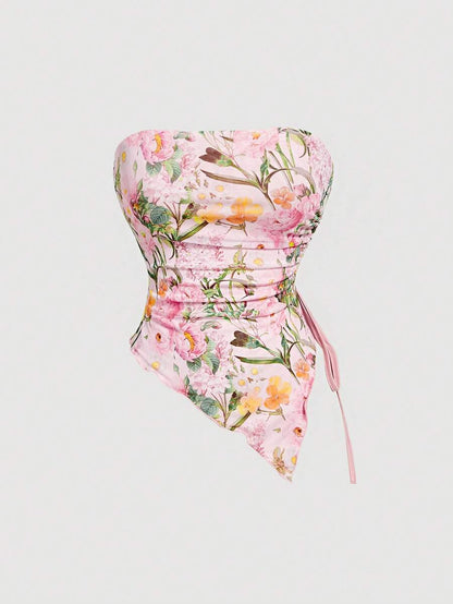 SHEIN MOD – Top sans bretelles à ourlet asymétrique et motif floral