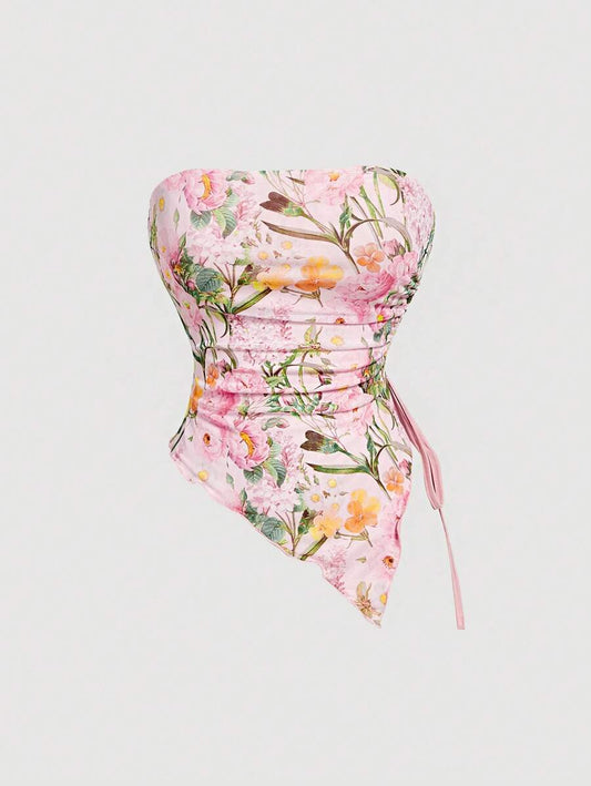 SHEIN MOD – Top sans bretelles à ourlet asymétrique et motif floral