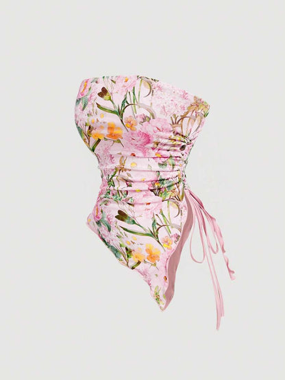 SHEIN MOD – Top sans bretelles à ourlet asymétrique et motif floral