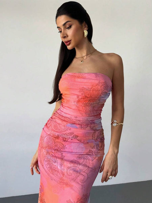 Firerie – Robe moulante asymétrique en maille froissée à imprimé floral