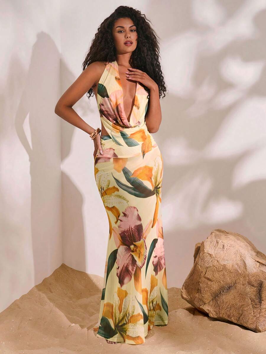 Opulessa – Robe extra longue à col bénitier en tricot mesh et coupe fluide