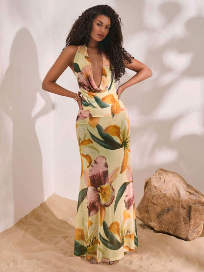 Opulessa – Robe extra longue à col bénitier en tricot mesh et coupe fluide