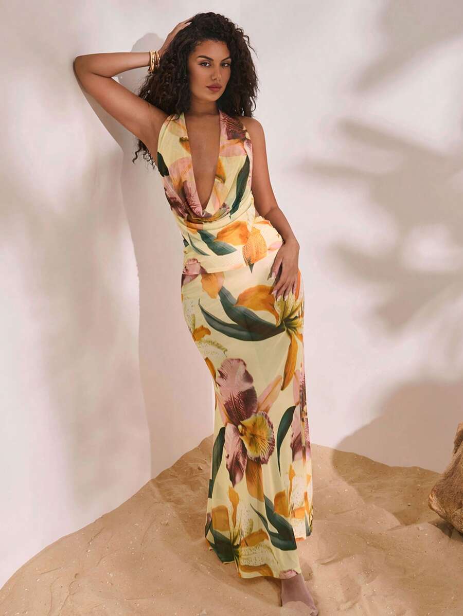Opulessa – Robe extra longue à col bénitier en tricot mesh et coupe fluide