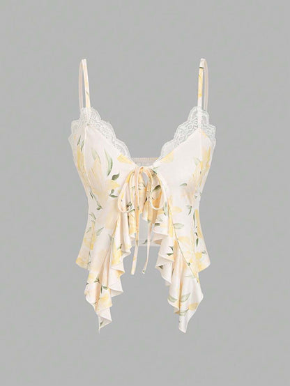 Sweetra – Débardeur en dentelle avec dos à fines bretelles et liens décoratifs
