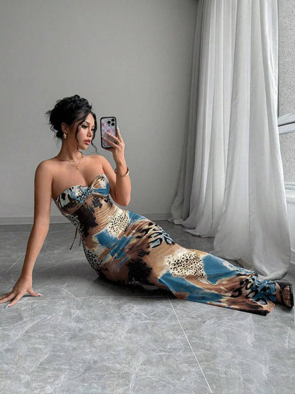 Elenzga – Robe maxi moulante sans manches avec dos torsadé et attache
