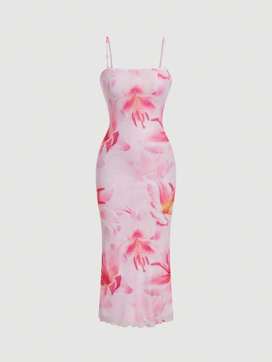 SHEIN MOD – Robe mi-longue à bretelles avec imprimé floral et coupe ajustée