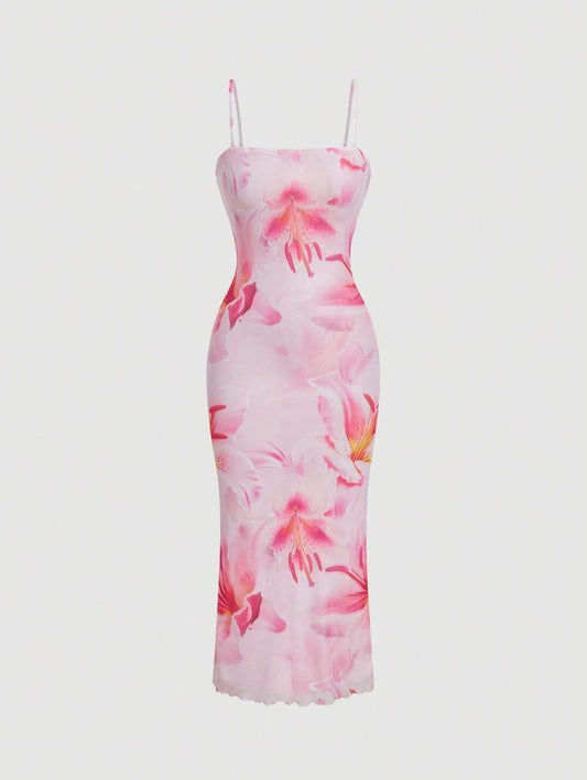 SHEIN MOD – Robe mi-longue à bretelles avec imprimé floral et coupe ajustée