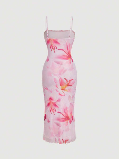 SHEIN MOD – Robe mi-longue à bretelles avec imprimé floral et coupe ajustée
