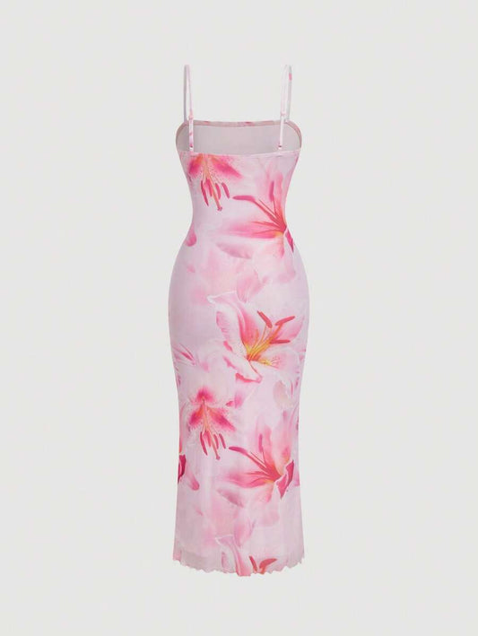SHEIN MOD – Robe mi-longue à bretelles avec imprimé floral et coupe ajustée