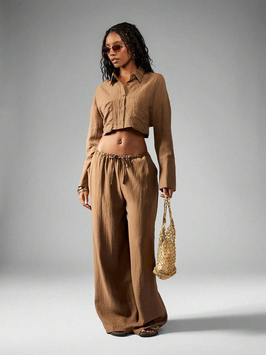 MISSGUIDED – Ensemble en lin à top ample et pantalon large à taille haute