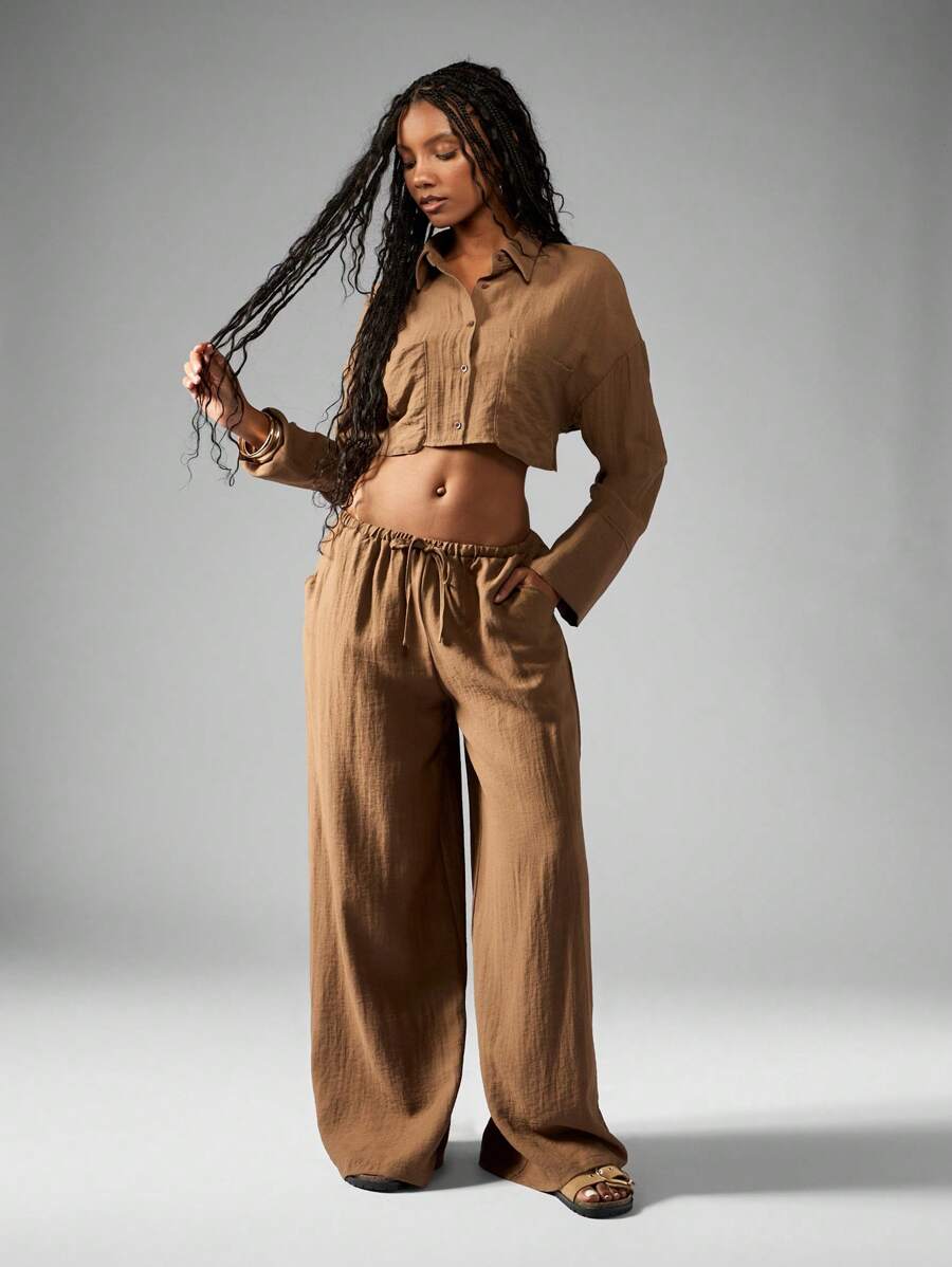 MISSGUIDED – Ensemble en lin à top ample et pantalon large à taille haute