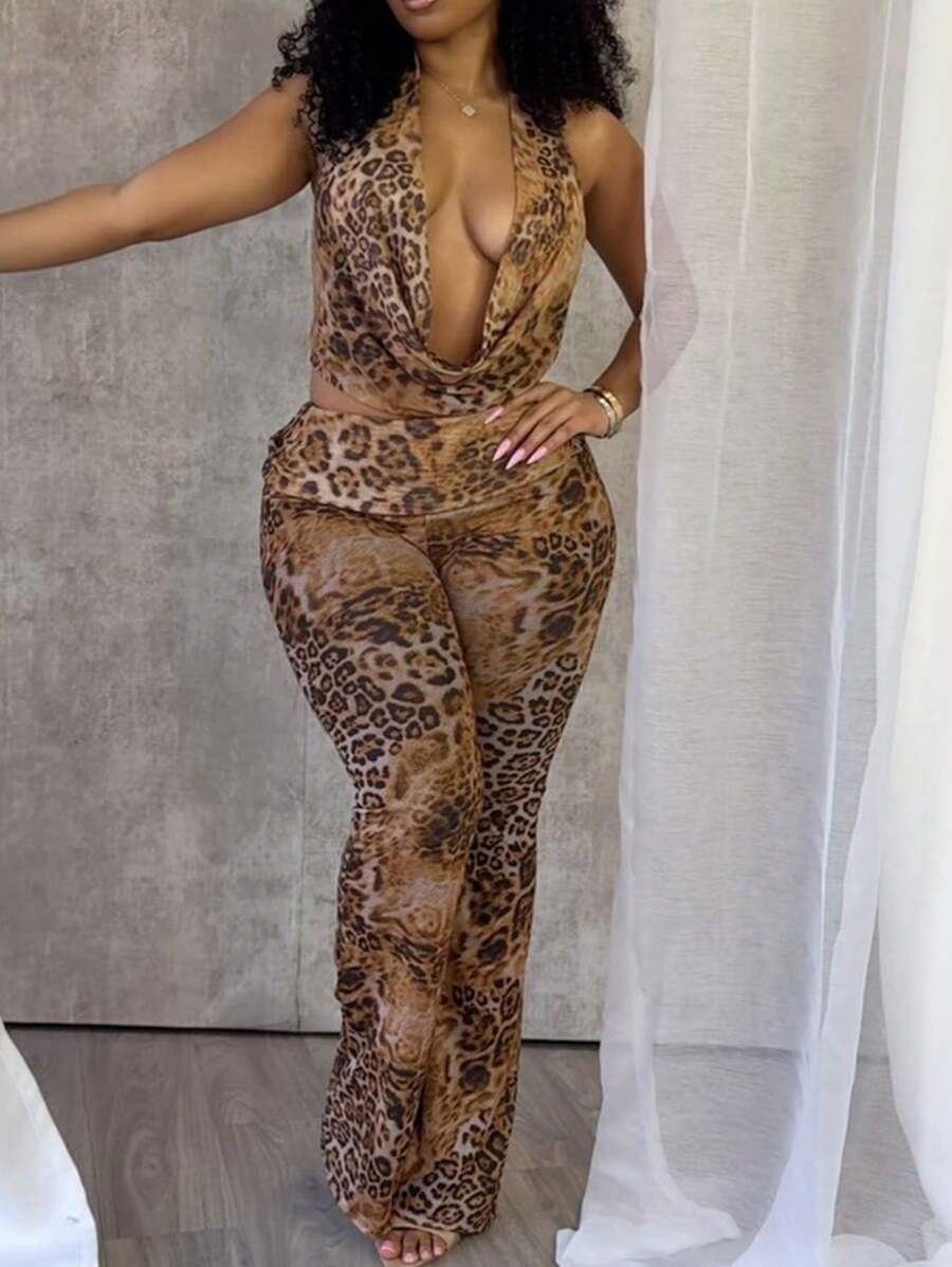 SHEIN Ensemble 2 pièces – Top dos nu à bandage, pantalon taille haute, imprimé léopard
