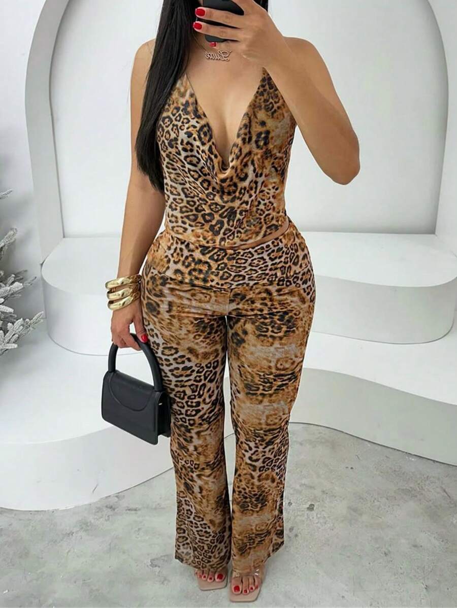 SHEIN Ensemble 2 pièces – Top dos nu à bandage, pantalon taille haute, imprimé léopard
