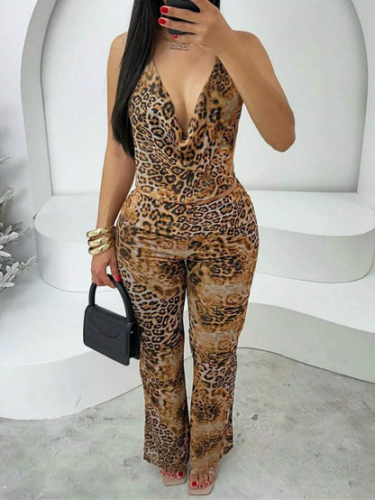 SHEIN Ensemble 2 pièces – Top dos nu à bandage, pantalon taille haute, imprimé léopard