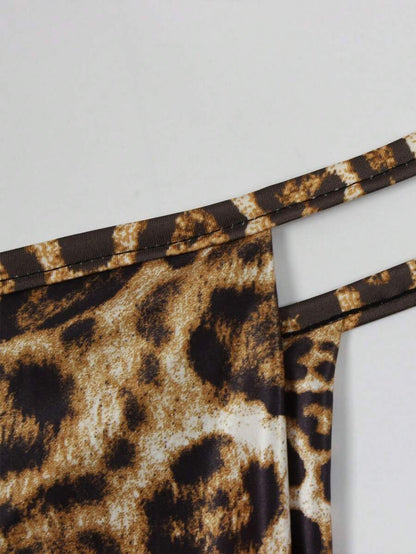 SHEIN Ensemble 2 pièces – Top dos nu à bandage, pantalon taille haute, imprimé léopard