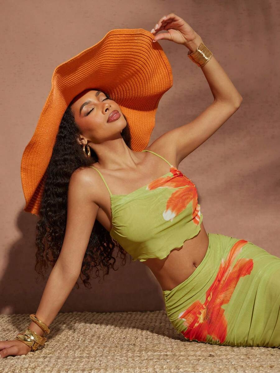 Vixey – Ensemble jupe froncée semi-transparente en maille pour vacances d'été