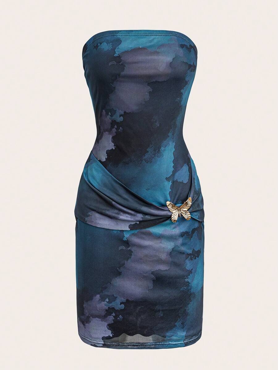 Chiquease – Robe bustier avec imprimé papillon et décor en filet