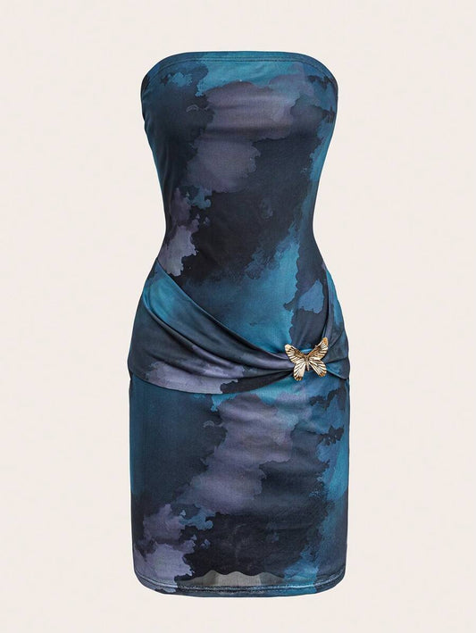 Chiquease – Robe bustier avec imprimé papillon et décor en filet