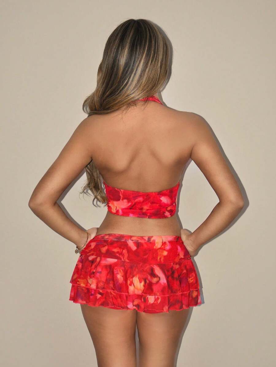 Amplova – Ensemble 2 pièces top ras-du-cou et mini-jupe ultra taille basse