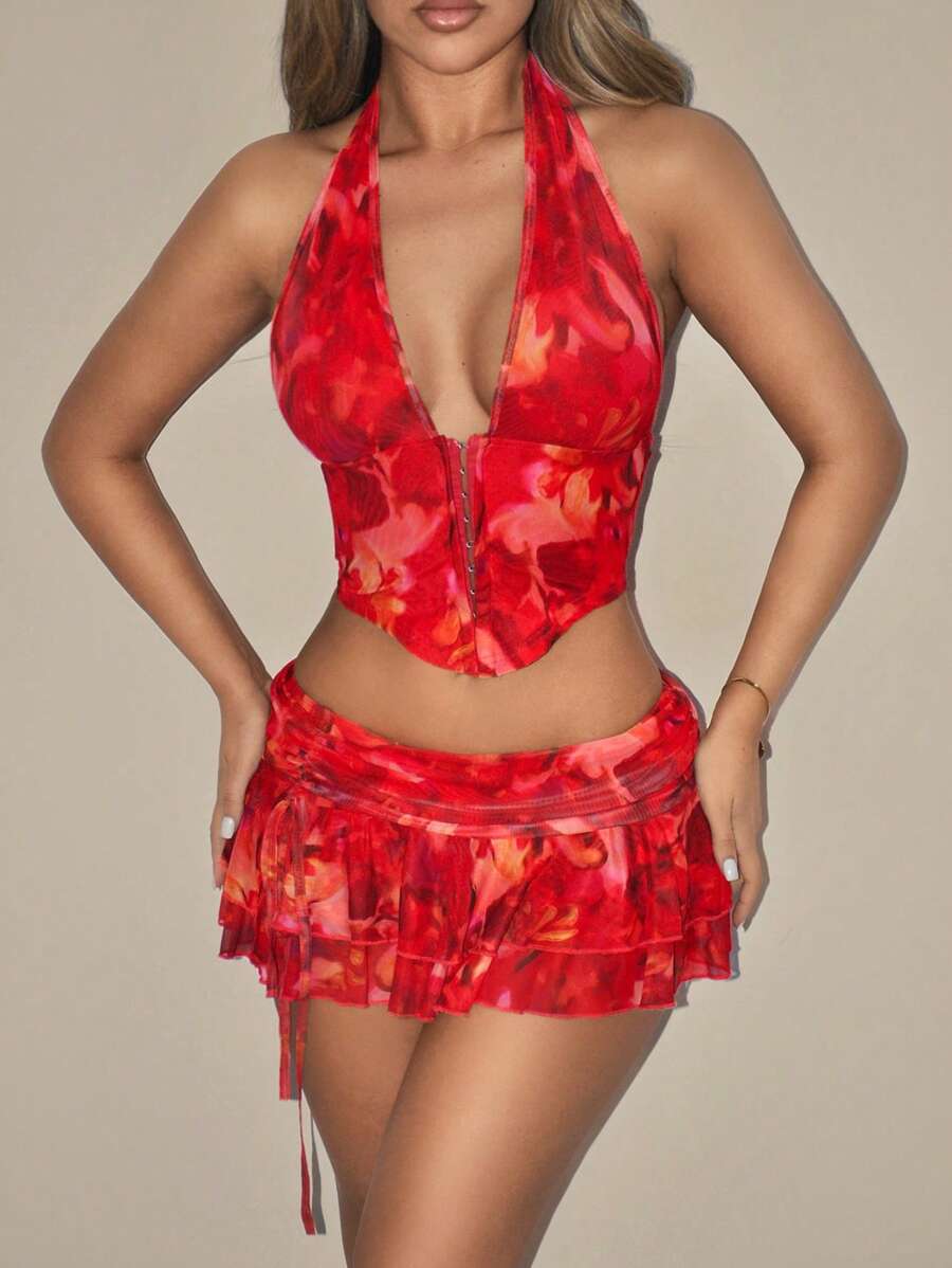 Amplova – Ensemble 2 pièces top ras-du-cou et mini-jupe ultra taille basse