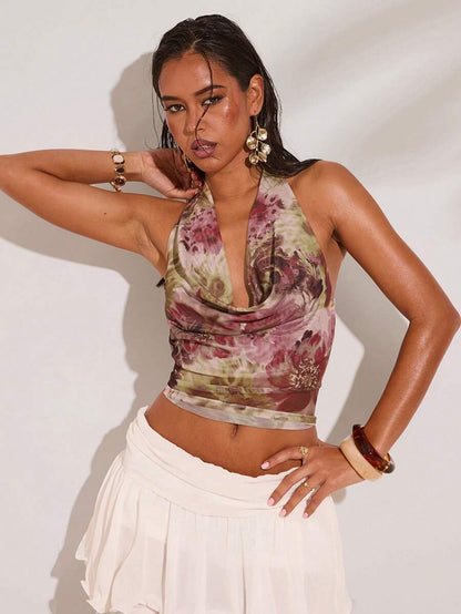 SHEIN BAE – Blouse sans manches, col ras-du-cou drapé, imprimé floral