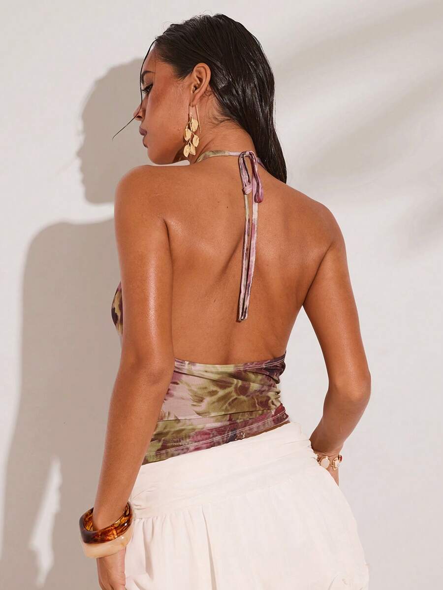 SHEIN BAE – Blouse sans manches, col ras-du-cou drapé, imprimé floral