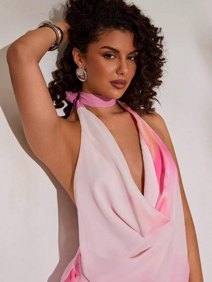 Opulessa – Robe mini dos nu à col volant en tissu tissé imprimé