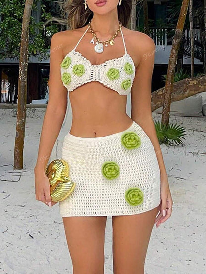 ATYWS - Top de bikini tricoté à col ras-du-cou et jupe mini moulante – Design boho et effet ajouré pour l'été