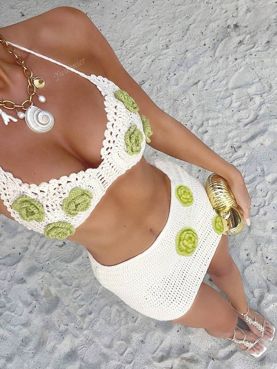 ATYWS - Top de bikini tricoté à col ras-du-cou et jupe mini moulante – Design boho et effet ajouré pour l'été