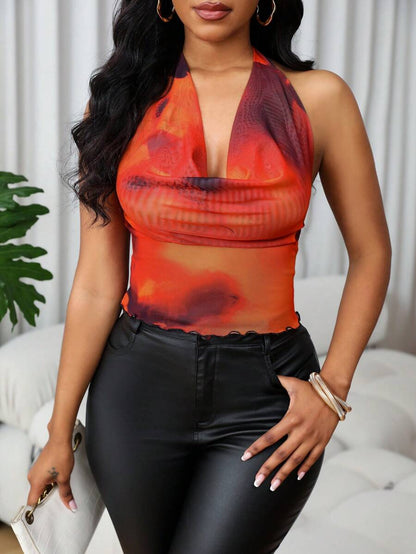 INAWLY – Top drapé au cou style tie-dye en tissu léger et coupe dos nu