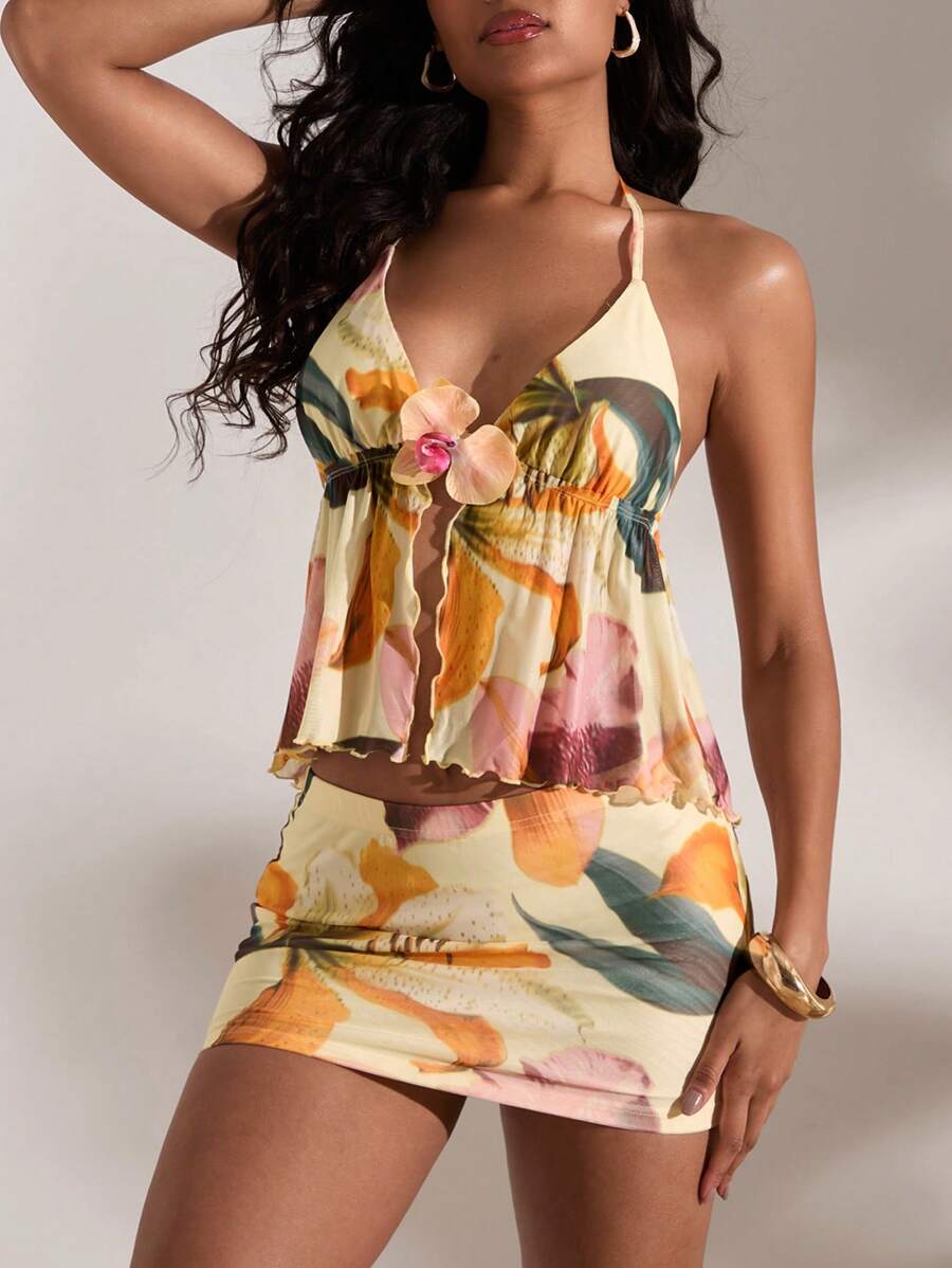 Opulessa – Ensemble débardeur et mini-jupe en tricot avec design imprimé et taille basse