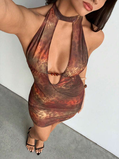 Aloruh – Robe mini sexy à col en V et imprimé léopard ajouré
