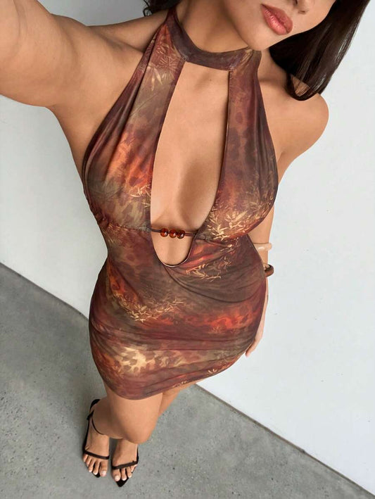 Aloruh – Robe mini sexy à col en V et imprimé léopard ajouré