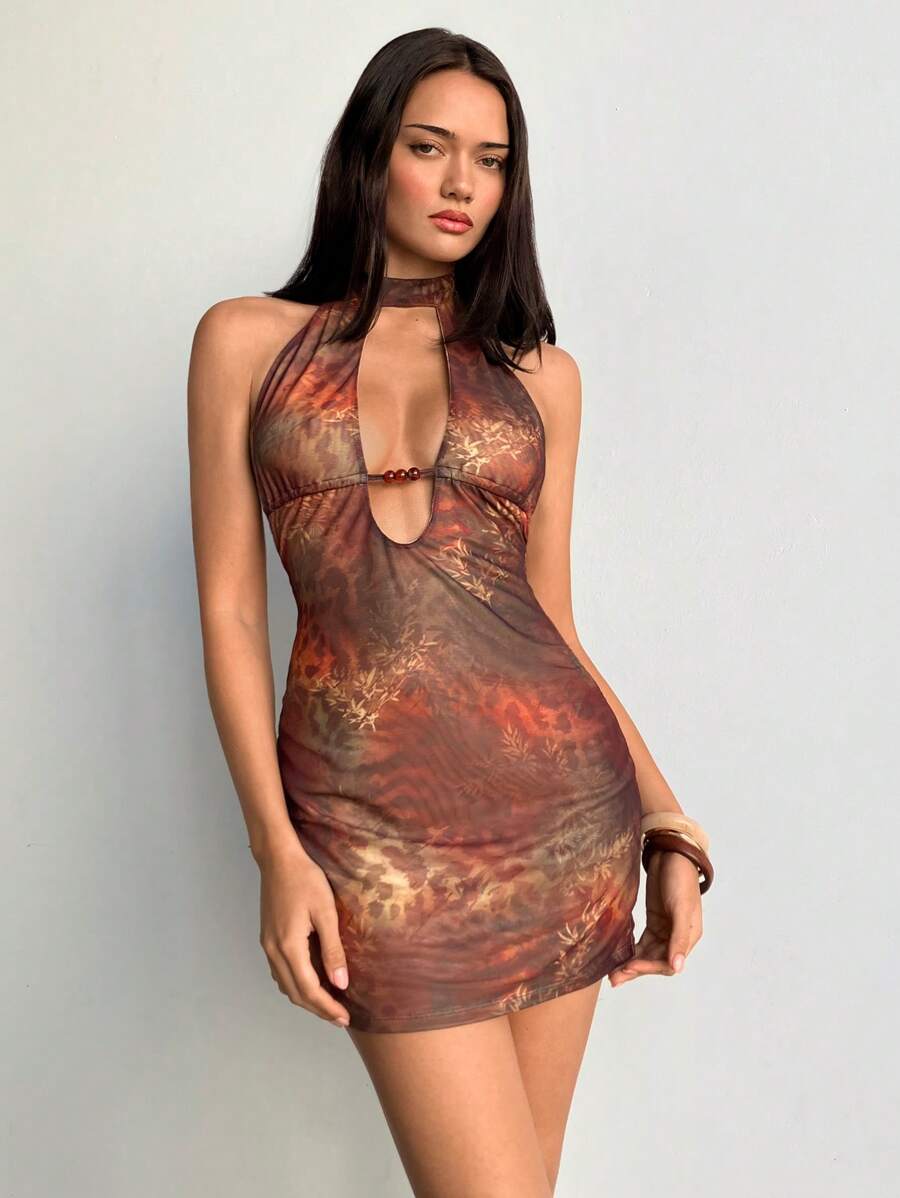 Aloruh – Robe mini sexy à col en V et imprimé léopard ajouré