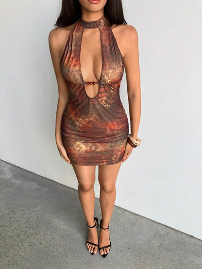 Aloruh – Robe mini sexy à col en V et imprimé léopard ajouré