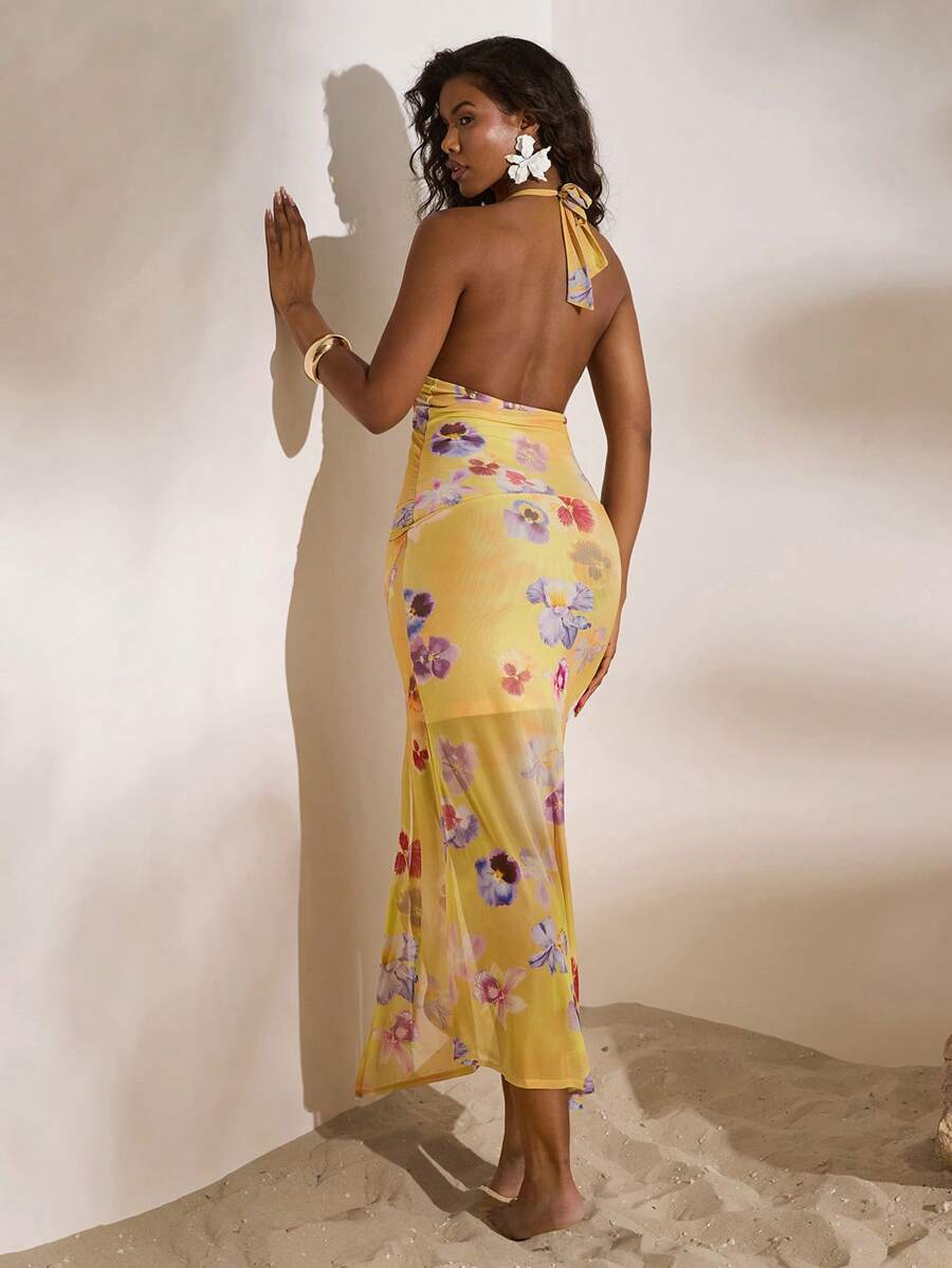 Opulessa – Robe longue fendue en maille tricotée avec imprimé graphique