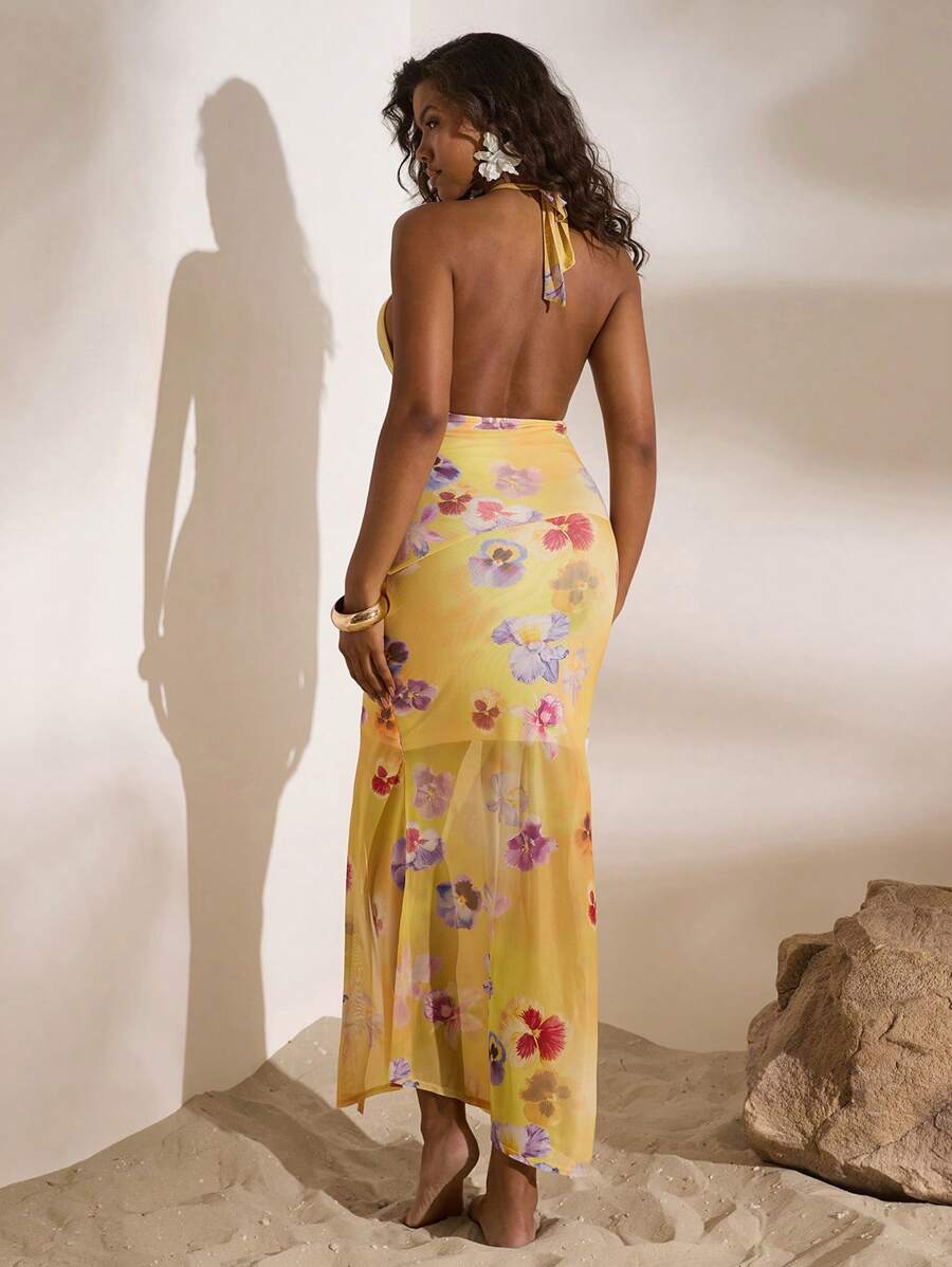 Opulessa – Robe longue fendue en maille tricotée avec imprimé graphique
