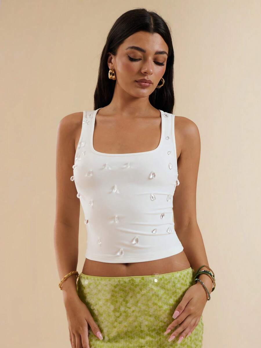 SHEIN BAE – Débardeur ajusté à col carré avec strass et style italien