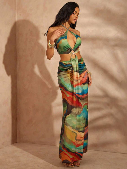 Hauture – Robe longue d'été avec imprimé abstrait et anneau à l'avant