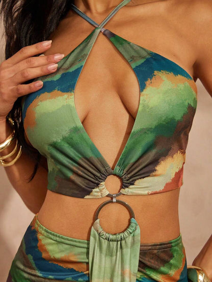 Hauture – Robe longue d'été avec imprimé abstrait et anneau à l'avant