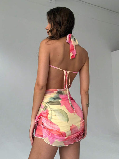 Aloruh – Robe courte sans manches à col montant et dos en V avec imprimé floral