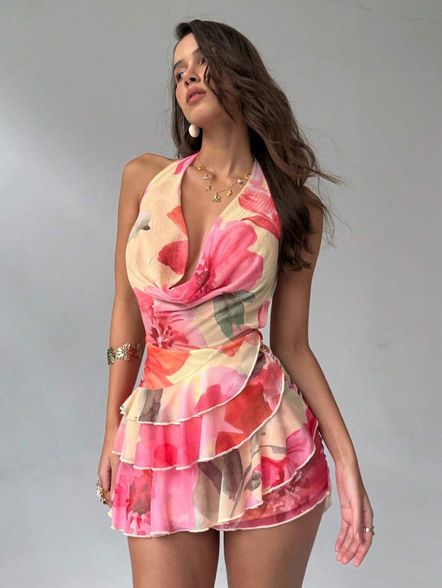 Aloruh – Robe courte sans manches à col montant et dos en V avec imprimé floral