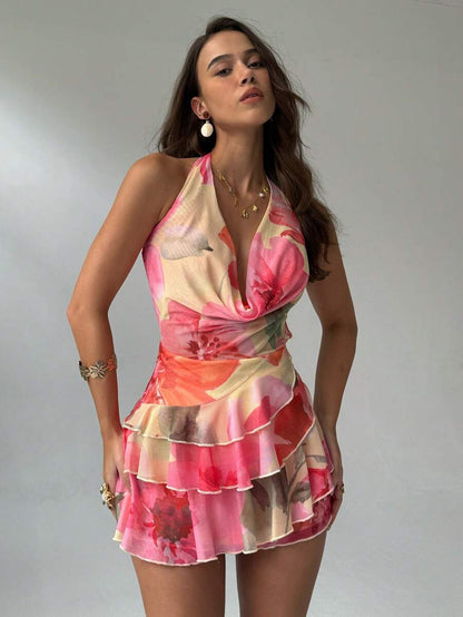 Aloruh – Robe courte sans manches à col montant et dos en V avec imprimé floral